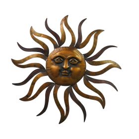 35 Inch Round Wall Mounted Sun Face Accent Decor; Carved Rustic Gold and Black Metal