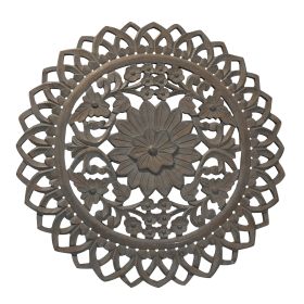 36 Inch Handcarved Wooden Round Wall Art with Floral Carving; Distressed Brown