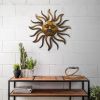 35 Inch Round Wall Mounted Sun Face Accent Decor; Carved Rustic Gold and Black Metal