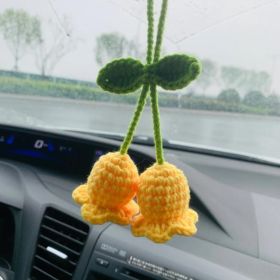 Lily Car Hanging Rearview Mirror Pendant Hand Crocheted Car Supplies Wool Woven Pendant (Option: Yellow Linglan 2 Flowers)