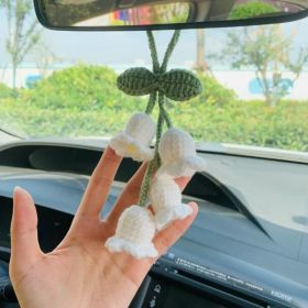 Lily Car Hanging Rearview Mirror Pendant Hand Crocheted Car Supplies Wool Woven Pendant (Option: White Linglan 4 Flowers)